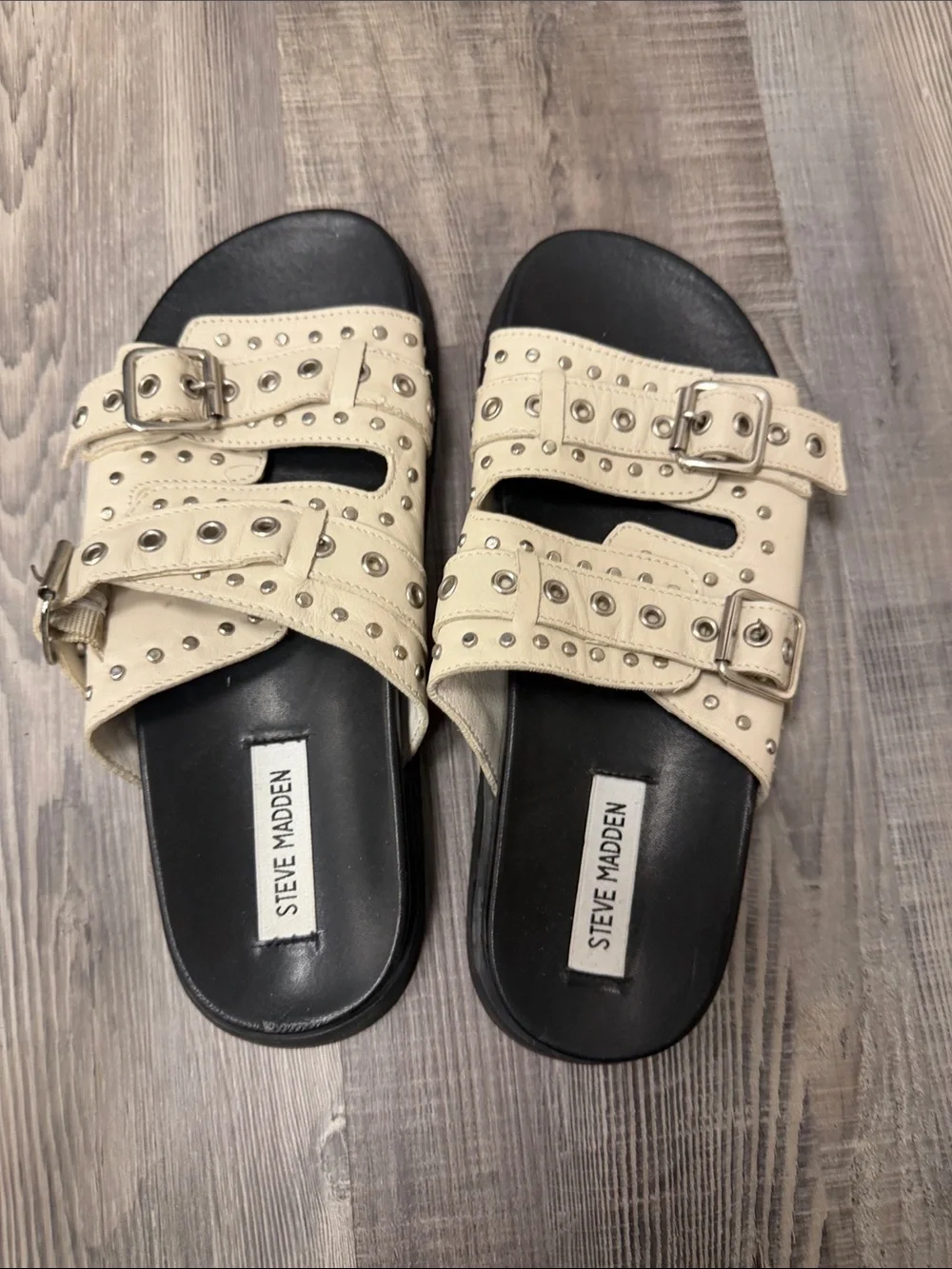 Steve Madden Cream Double-Buckle Studded Slide Sandals